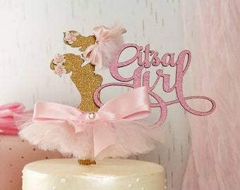 Its A Girl Baby Shower Wood Cake Topper Or Centerpiece Pick, Ballet Party Supplies Pink And Gold, Dessert Table Decor, Welcome To The World