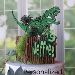 Dinosaur Cake Topper – Custom Name & Age, T-Rex Birthday Party Decor, Dino Theme for Boys or Girls