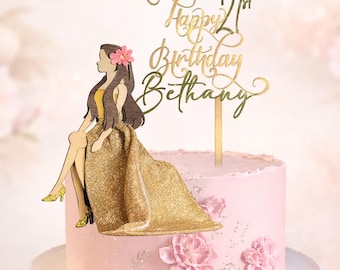 Custom Glam Birthday Girl Cake Topper Flowing Dress Name Age Sign Keepsake Decor Gift