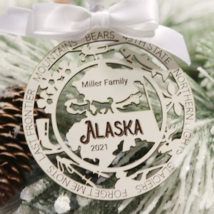 Personalized Christmas Ornament, Alaska Christmas Wood Ornament, Northern Lights 49th State, Christmas Tree Decorations, Alaskan Memory