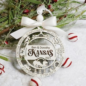 Personalized Kansas Christmas Ornament - Sunflower State Wood Decoration with Jayhawk and Flint Hills