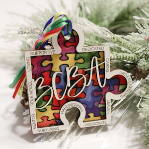Autism Christmas Ornament, Personalized Wood Ornament, Puzzle Pieces Decoration, Board Certified Behavior Analyst, BCBA Therapist Gift