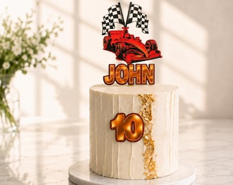Personalized Formula Race Car Cake Topper Checkered Flag Grand Prix Racing Birthday Party Decoration Custom Name Set