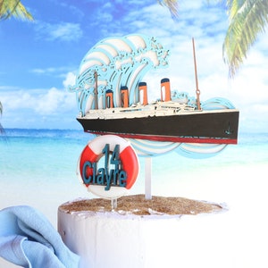 Titanic Birthday Wood Cake Topper, Custom Big Wave, White Star Line Titanic Ship, Ring Buoy Personalized, At Sea Birthday Party Girl Boy