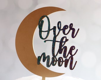 Over The Moon Cake Topper: Wood Celestial Baby Shower Decor