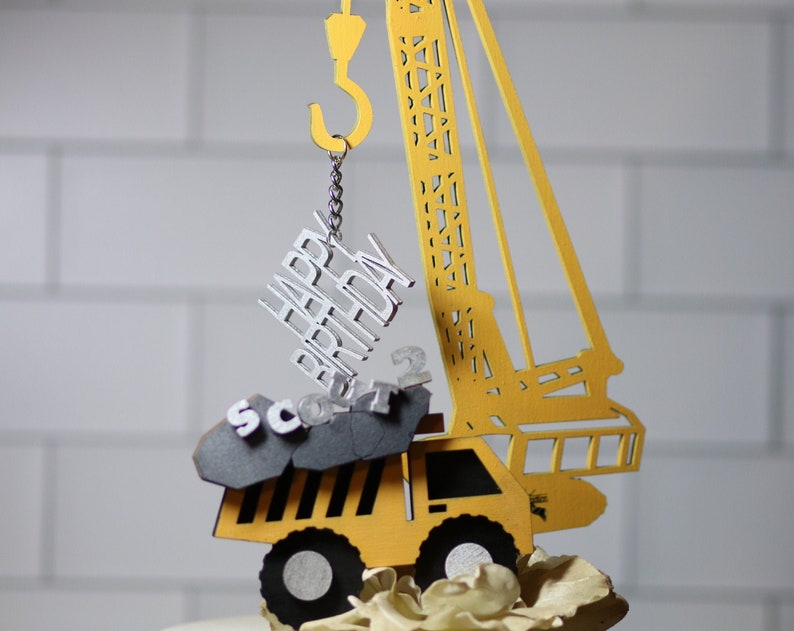 Construction Birthday Party Personalized Wood Construction Truck Crane Cake Topper Heavy Equipment Operator Dessert Table