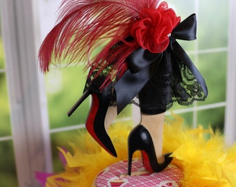 Glamour gal wood cake topper with leggings, lace, feathered plume, floral, and high heels, Birthday, Mothers Day, Red Hats, and Anniversary