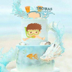 Personalized Swimmer Boy Cake Topper: 7-Piece Snorkel Set for Underwater Birthday Celebration