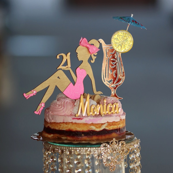 21st Cake Topper, Personalized Wood Cake Topper For Any Age Name, 21st Birthday Party Decorations, Sitting Fashion Girl With Cocktail Drink