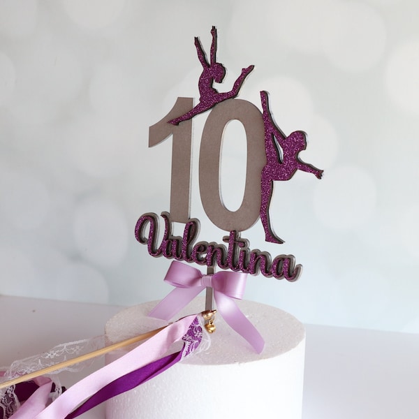 Personalized Gymnastics Cake Topper - Glitter Gymnasts, Ribbon Bow