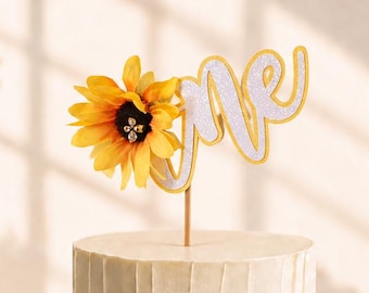 Sunflower First Birthday Cake Topper Glitter Bee Charm One Year Old Party Decoration