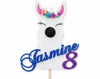 Personalized  Llama Cake Topper, Custom Name Age Birthday Topper, Glitter Girl Party Decoration, Floral Ilama Theme