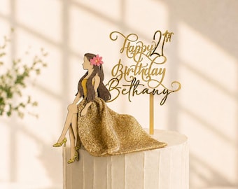Custom Glam Birthday Girl Cake Topper Flowing Dress Name Age Sign Keepsake Decor Gift