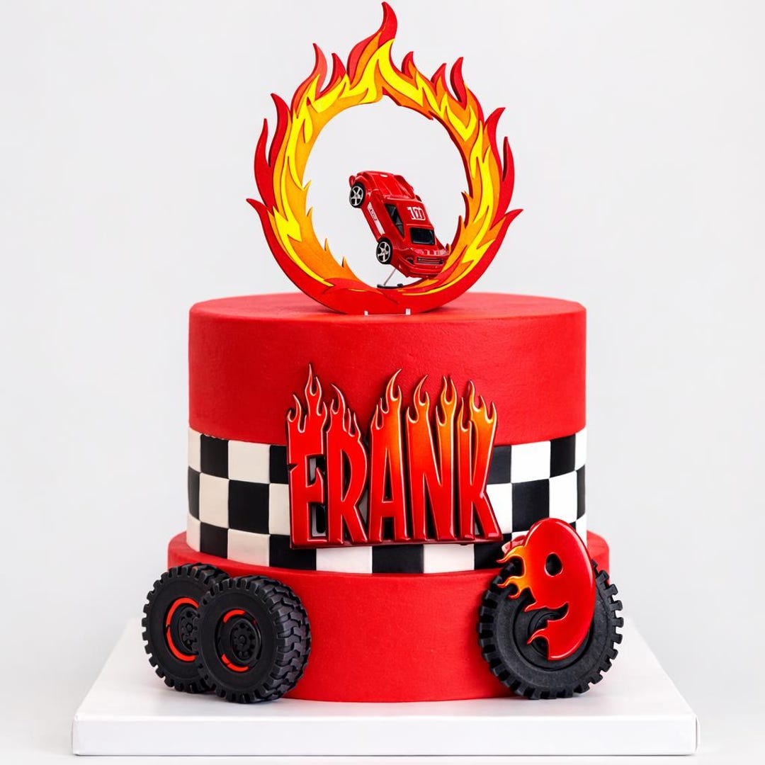 Fire Racing Cake Design Ring of Fire Race Diecast Car Cake Topper With Flames – Racing Birthday ...