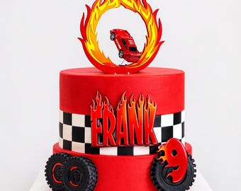 Ring of Fire Race Diecast Car Cake Topper With Flames – Racing Birthday Cake Decoration