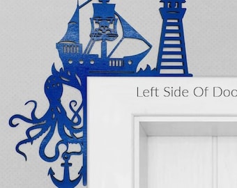 Pirate Ship Door Trim, Nautical Door Corner Decor, Octopus Lighthouse Door Topper, Coastal Beach House Wall Art Nursery Decor