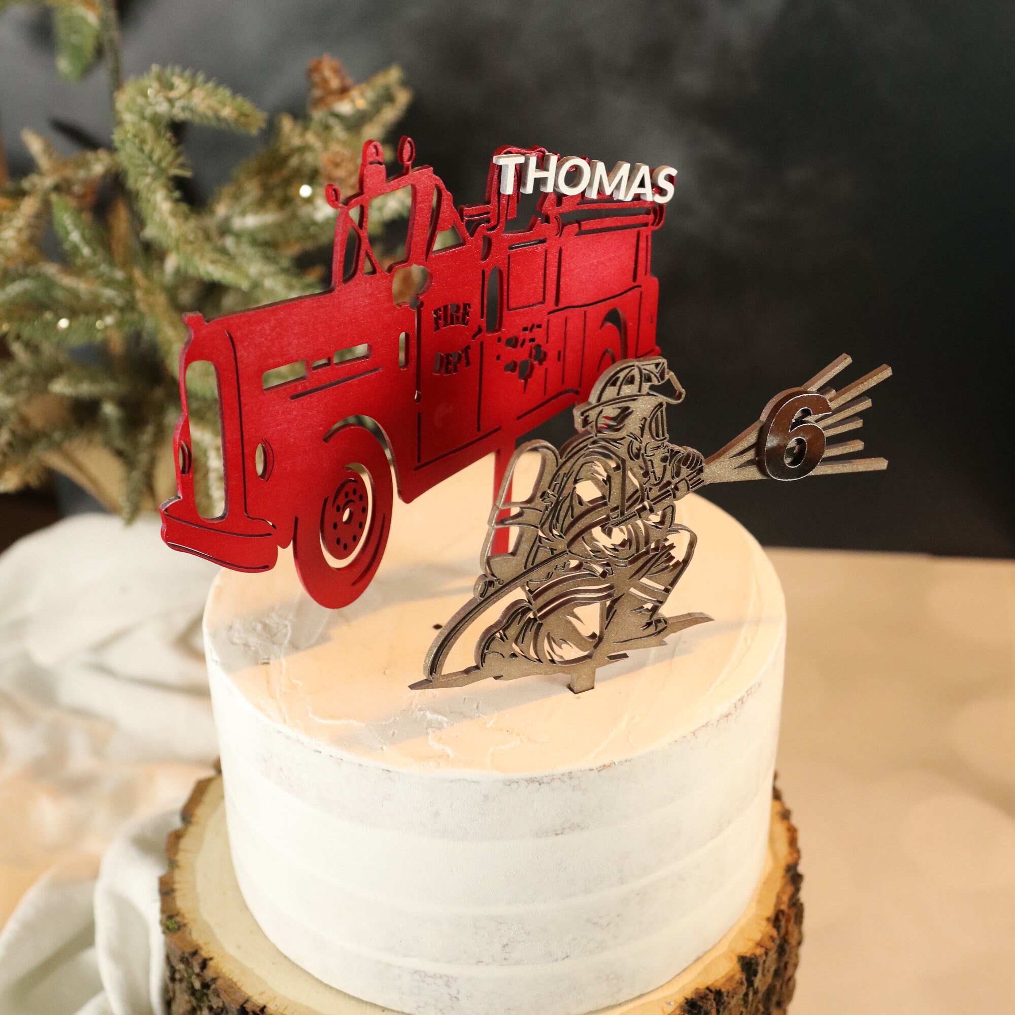 Fire Fighter Topper Personalized Fireman Birthday Wooden Cake Topper Set: 2-piece Fire ...