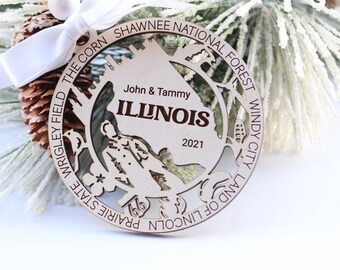 Personalized Christmas Ornament, Illinois Christmas Wood Ornament, Prairie State, Christmas Tree Decorations, Illinois Memory Keepsake