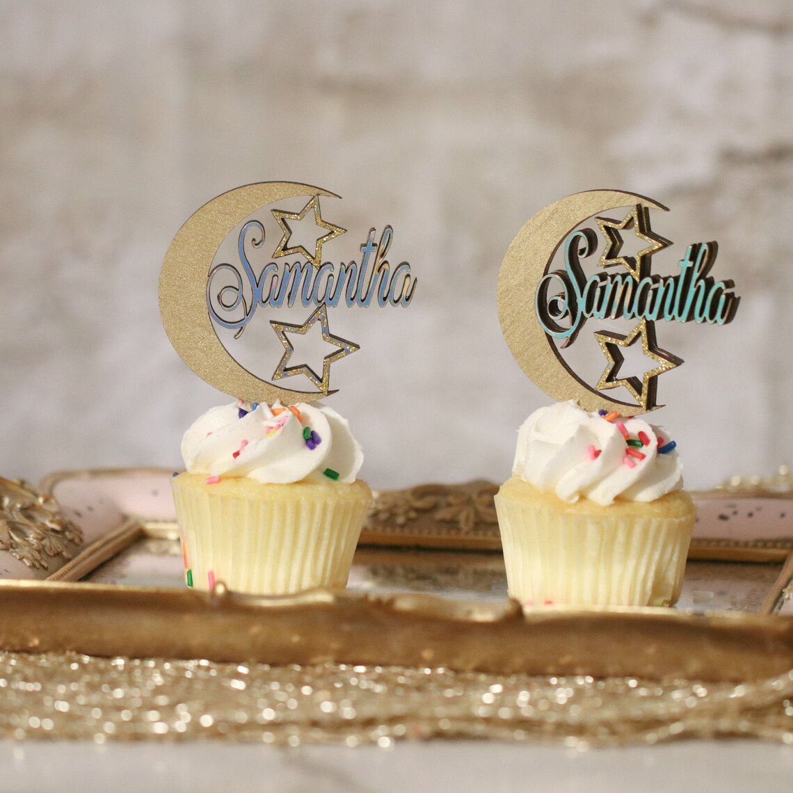 Personalized Moon Cupcake Toppers Set Of 12 Baby Shower Party Etsy