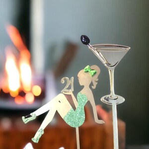 Personalized 21st Birthday Cake Topper: Wood Sitting Girl with Martini