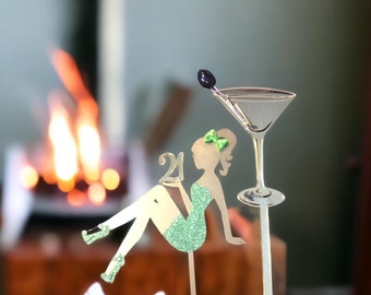 Personalized 21st Birthday Cake Topper: Wood Sitting Girl with Martini