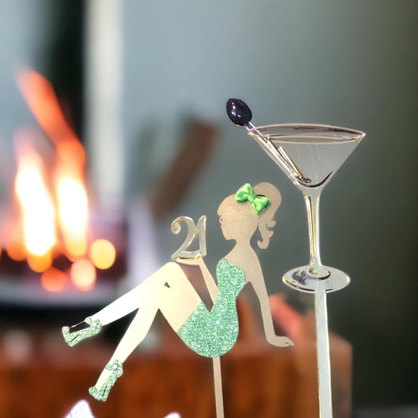 21st Cake Topper, Personalized Wood Cake Topper For Any Age Name, 21st Birthday Party Decorations, Sitting Fashion Girl With Martini Drink