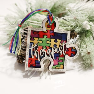 Autism Christmas Ornament, Personalized Wood Ornament, Puzzle Pieces Decoration, Medical Therapist Special Needs Puzzle Thank You Gift