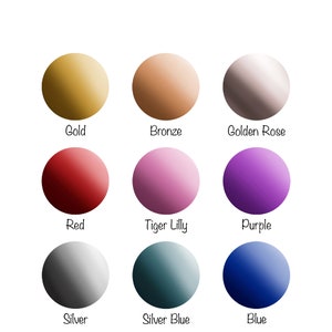 Peut inclure: Une grille de neuf cercles color&eacute;s dispos&eacute;s en trois rang&eacute;es. Les couleurs sont &eacute;tiquet&eacute;es Gold, Bronze, Golden Rose, Red, Tiger Lilly, Purple, Silver, Silver Blue et Blue. Chaque cercle pr&eacute;sente une finition de couleur unie et lisse.