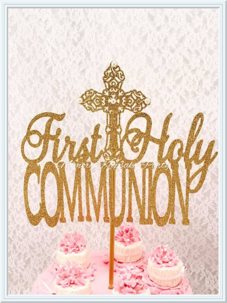 Première Sainte Communion Baptême Étoile Nom Cake Topper Croix Rose Bleu Argent
