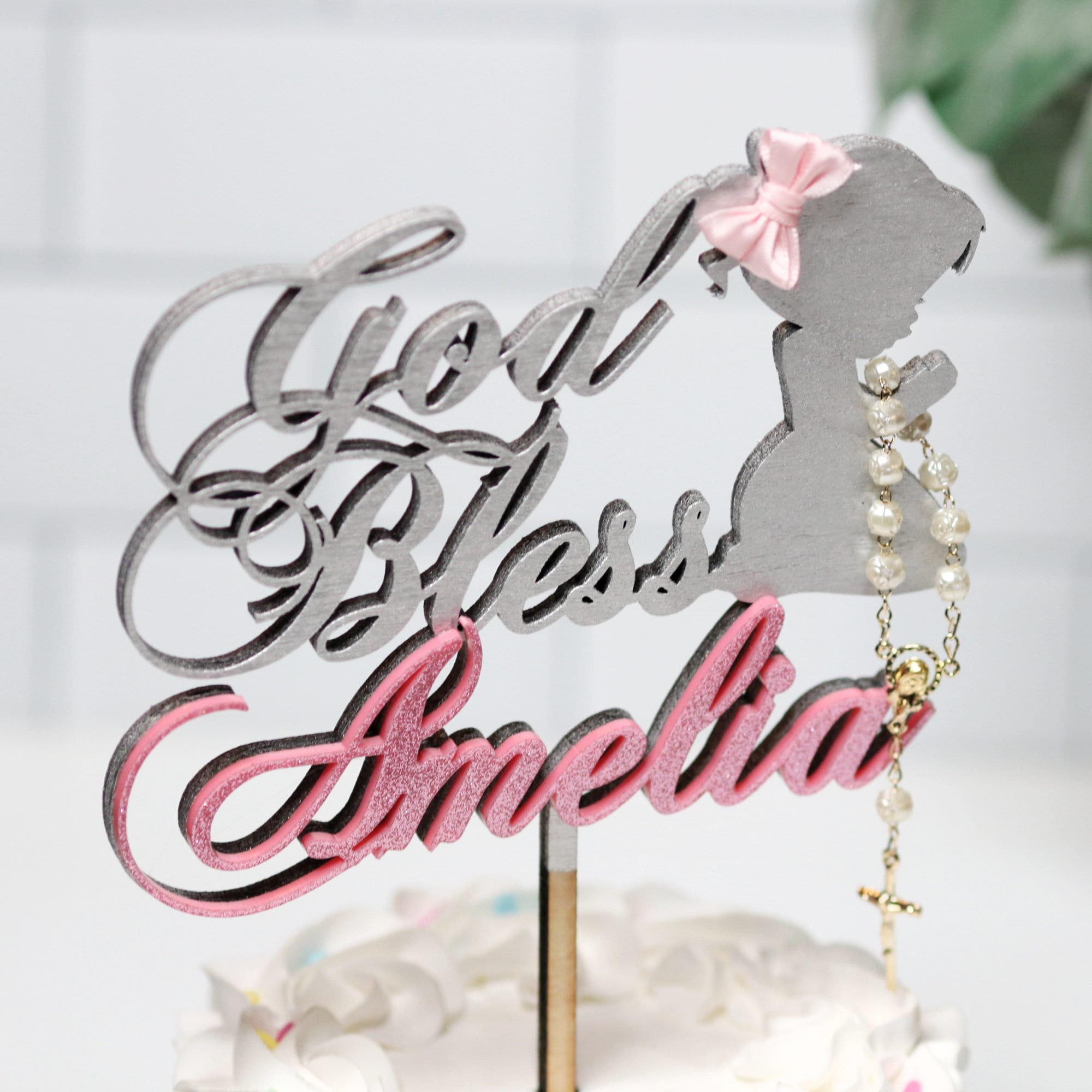 girl baptism Floral Baptism Cake Topper first communion God Bless Cake