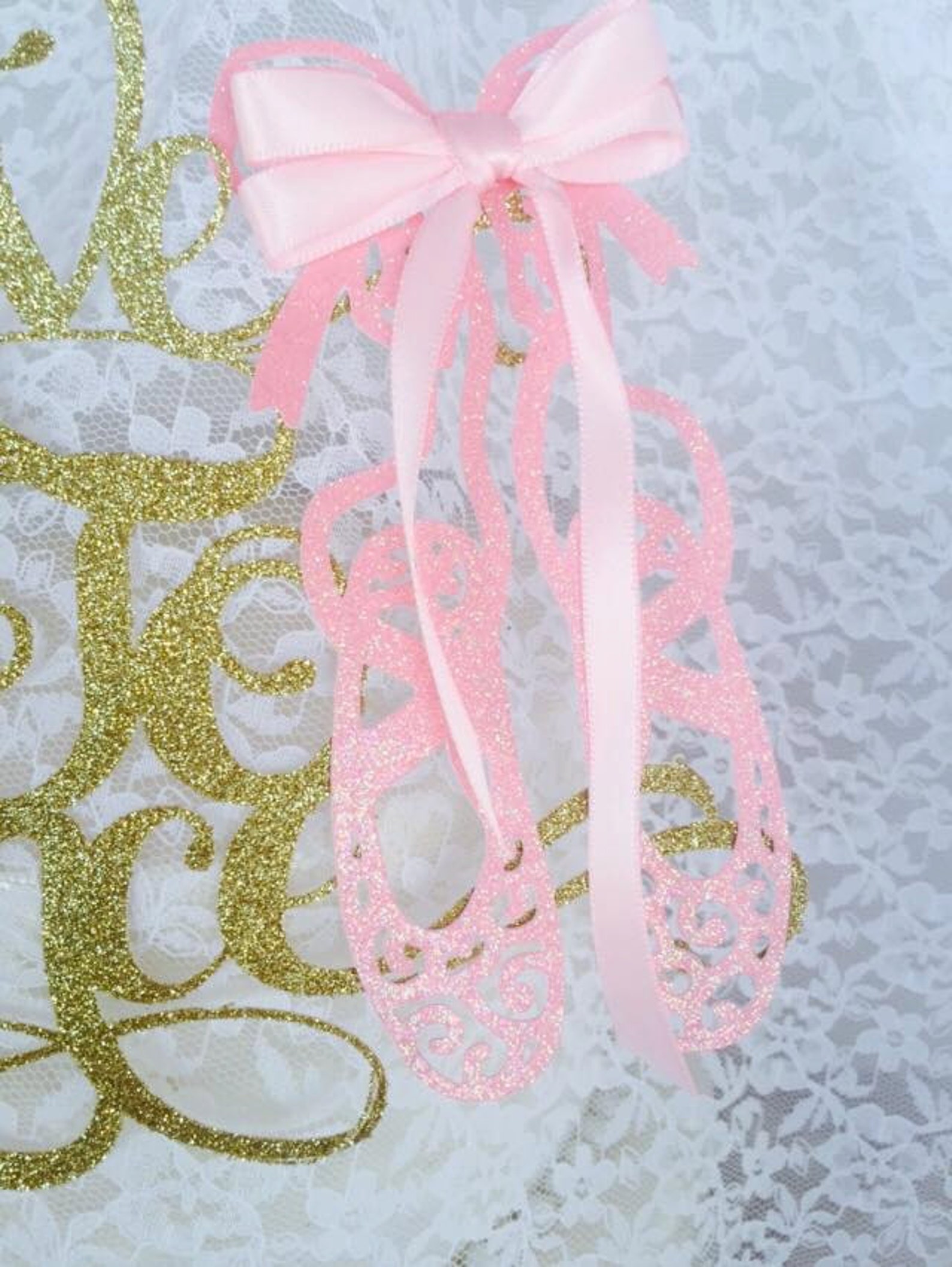 love to dance cake topper - ballerina shoes - ballet event - pink and gold decorations - little girl ballerina - custom colors -