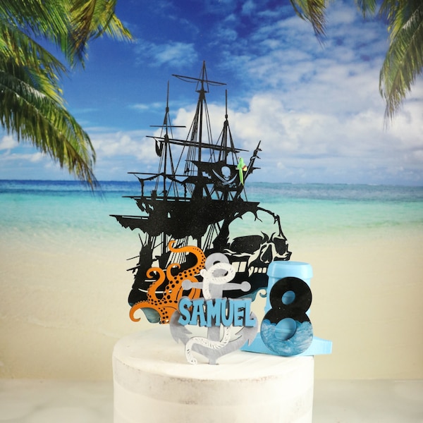 Pirate Ship Wood Cake Topper, Happy Birthday Party, Caribbean Boat Decorations, Captain Nautical Themed Party, Personalized With Name Age