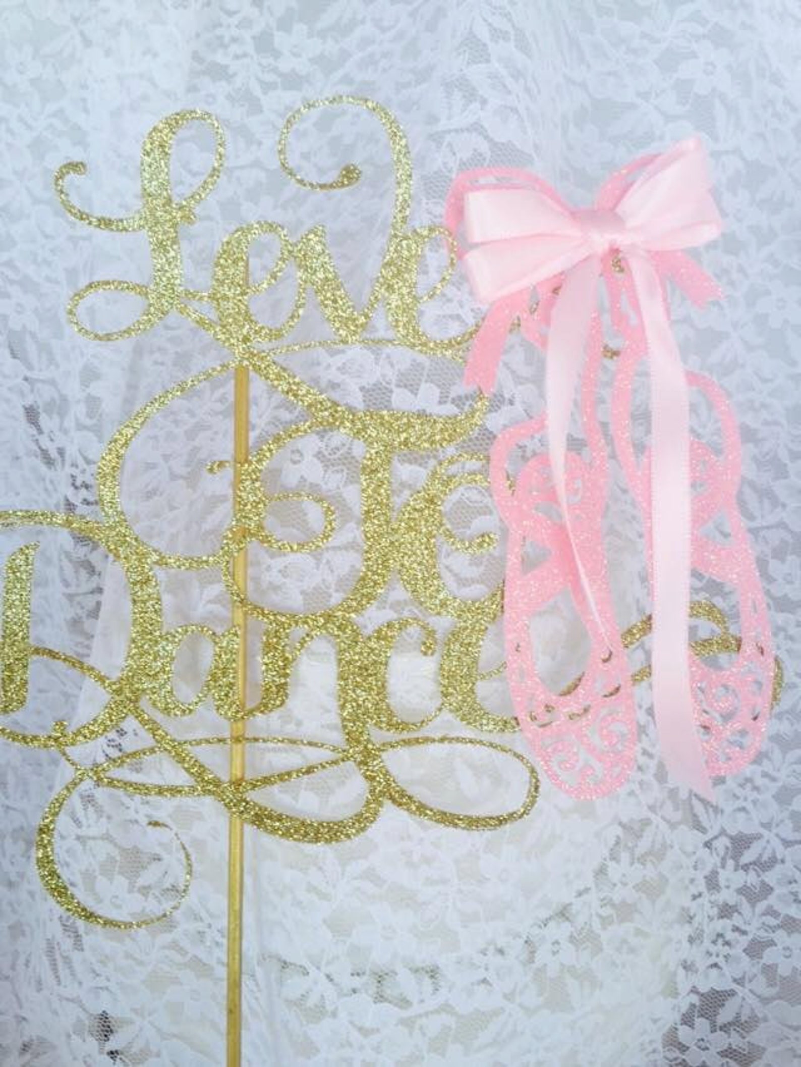 love to dance cake topper - ballerina shoes - ballet event - pink and gold decorations - little girl ballerina - custom colors -