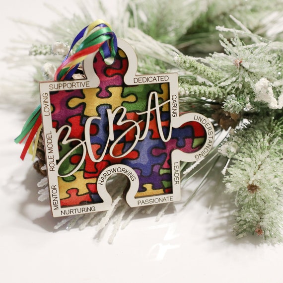 Autism Christmas Ornament, Personalized Wood Ornament, Puzzle Pieces Decoration, Board Certified Behavior Analyst, BCBA Therapist Gift