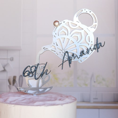 Personalized Tea Party Cake Topper - Custom Name Teapot Centerpiece Gift