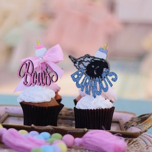 Burnouts Or Bows Cupcake Toppers For Baby Reveal Party, Baby Shower Decorations, Boy or Girl Theme, Boy Racing Team, Girl Bows, Baby Bottles