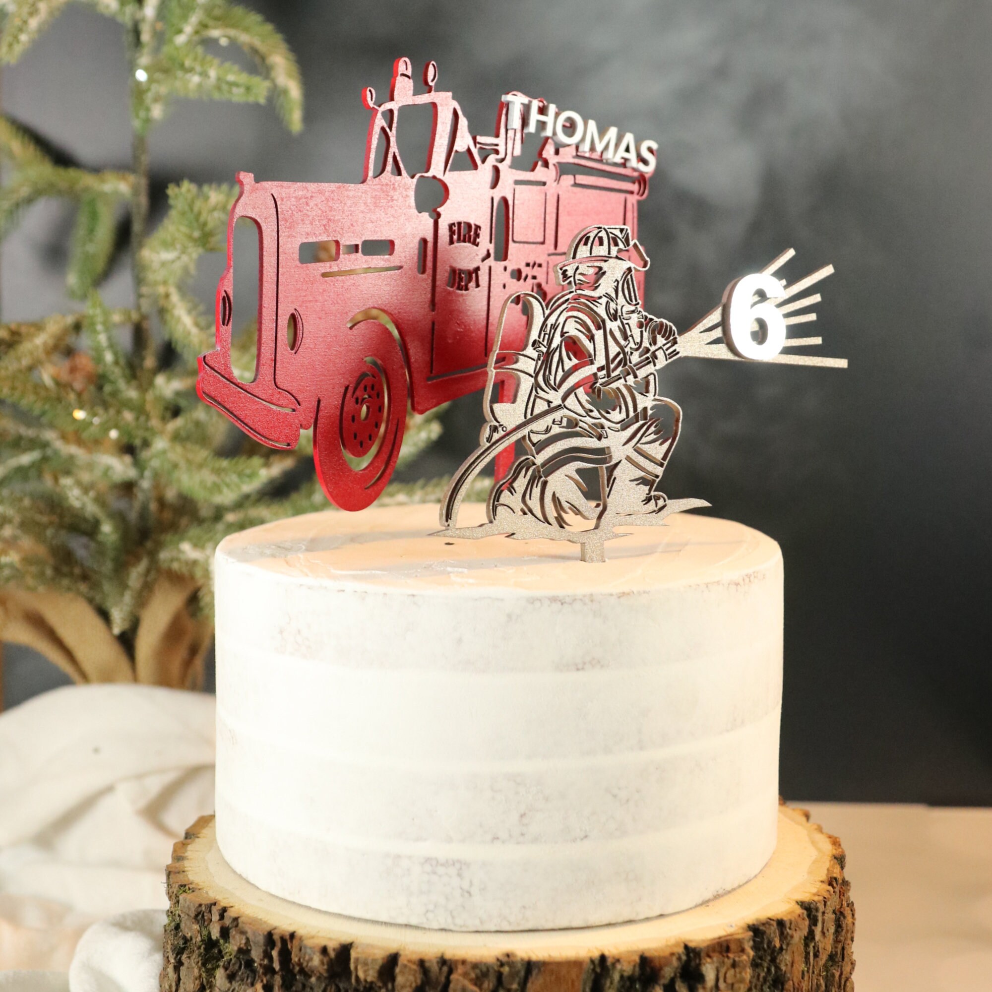 Fire Fighter Topper Personalized Fireman Birthday Wooden Cake Topper Set: 2-piece Fire ...