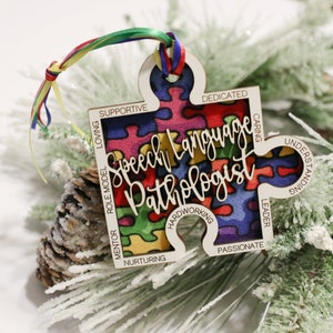 Autism Christmas Ornament, Personalized Wood Ornament, Puzzle Pieces Decoration, Speech Language Pathologist Special Needs Puzzle Gift