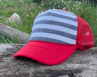 Striped hat, striped fashion, neon hat, neon pink hat, custom hat, custom trucker hat, ariebdesigns, striped trucker hat, gift for her