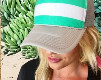 striped hat, green hat, green stripe, truckerhat, womens hat, womens trucker hat, womens snapback, striped snapback