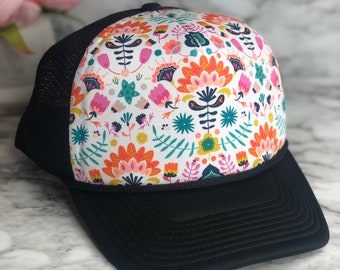 Floral hat, rainbow floral trucker hat, rainbow hat, rainbow trucker hat, womens trucker hat, unique trucker hat, custom trucker hat, gift