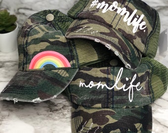 Momlife Camo Trucker Hat: Distressed Mama Hat