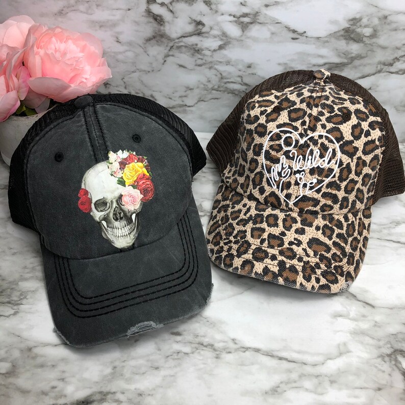 Wild hat, leopard print hat, Skull, skull trucker hat, skull fashion, skull floral, floral skull hat, floral skull trucker hat, pretty skull image 1