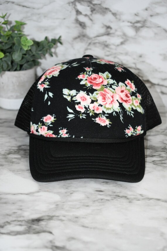 Black Floral Floral Hat Trucker Hat 
