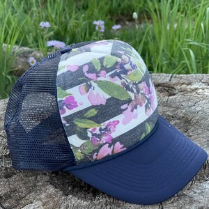 Floral striped hat, floral trucker hat, spring hat, beach hat, beach trucker hat, pretty trucker hat, striped trucker hat