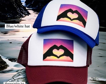 Sunset love hands trucker hat, sunset hat, trucker hat, hat with sunset, love hat, heart hat, womens hat, hat for girls, snapback