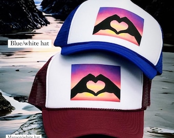 Sunset Love Hands Trucker Hat - Heart Snapback