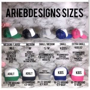 May include: A chart showing different sizes of trucker hats with measurements in inches. The hats are in various colours, including green, black, grey, blue, and pink. The chart includes the following sizes: Medium/Large, Medium, Small/Medium, Small, and Extra Small. The chart also includes the following text: "Looser Gender Neutral Fit", "Gender Neutral Fit Not As Deep Only Available In Some Designs", "Recommended For Ages 8 Up To Adults", "Recommended For Kids Ages 4-8 Years", and "Recommended For Kids Ages 18 Months-4 Years".
