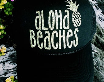 Aloha beaches, aloha, beaches, aloha beaches hat, aloha beaches fashion, beach hat, cute hat, pink hat, trucker hat, womens trucker hat