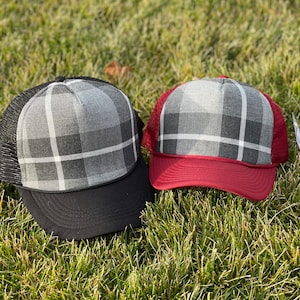 plaid trucker hat for him or her, plaid hat, plaid fashion, plaid, flannel, fall fashion, fall, fall trucker hat